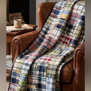 Handmade Navy Madras Plaid Patchwork Twin Size 100%Cotton Soft FINISHED QUILT